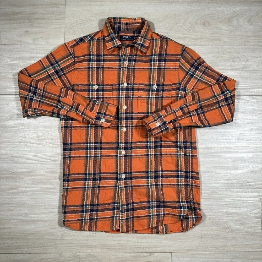 Polo Ralph Lauren Orange Plaid Button Up Western Flannel Shirt Size Small Casual